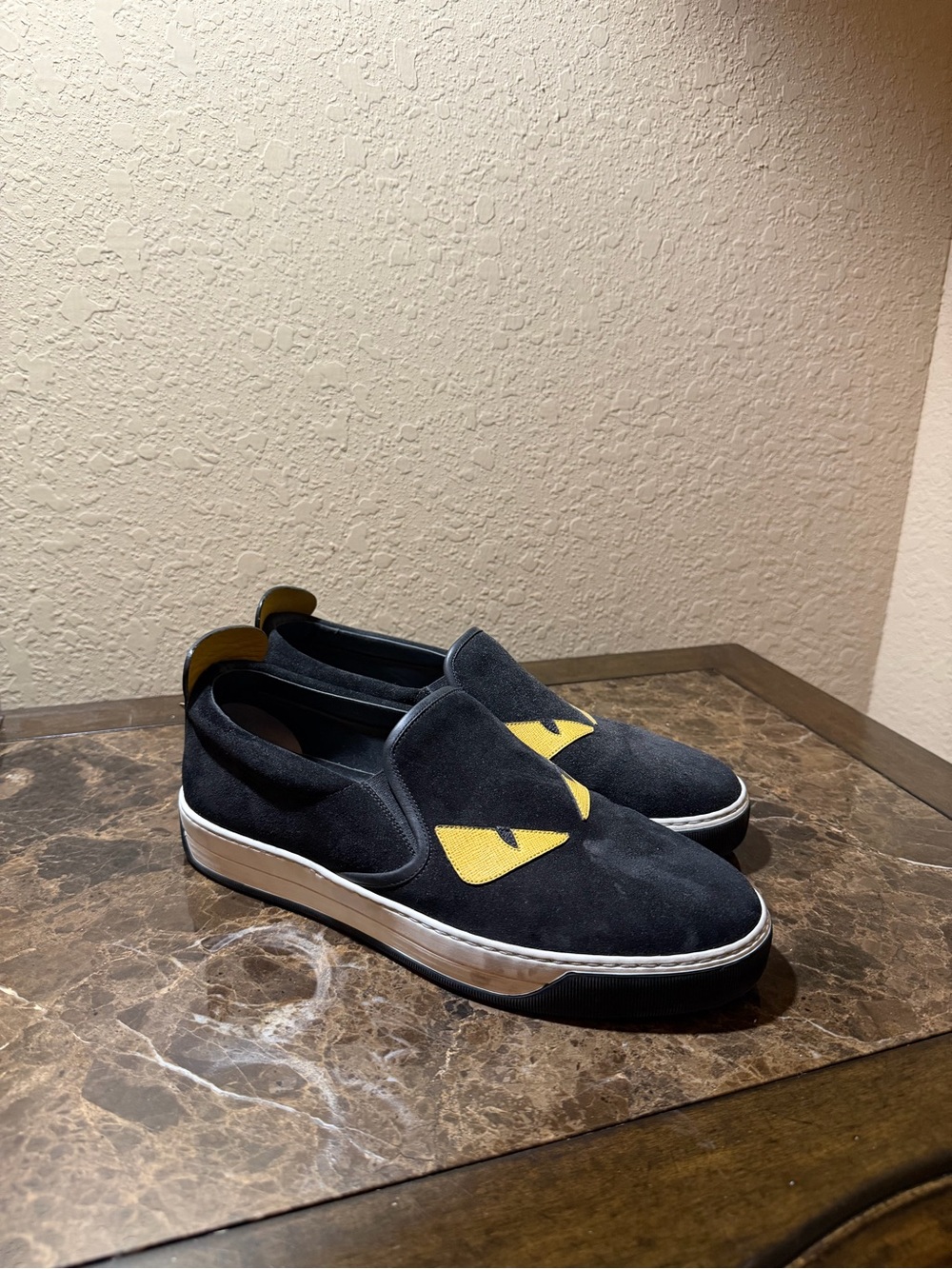 Men's Fendi Black Slip-On Suede Sneakers with Yellow Accent